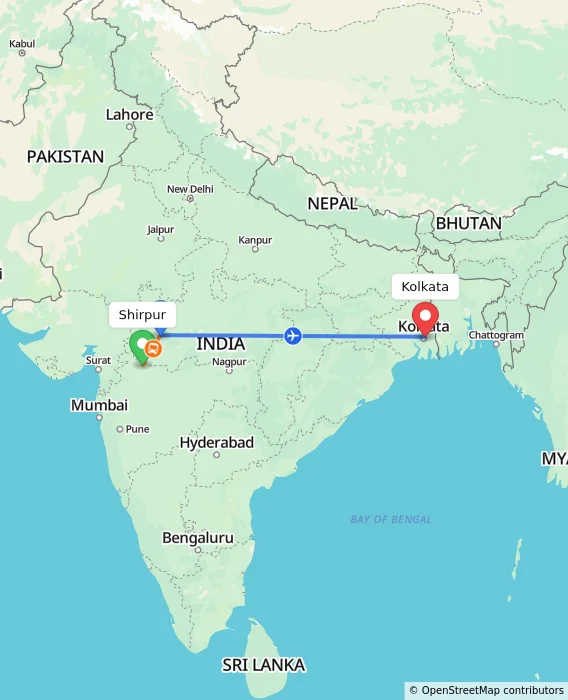 Route map showing distance and travel time from Shirpur, India to Kolkata, India