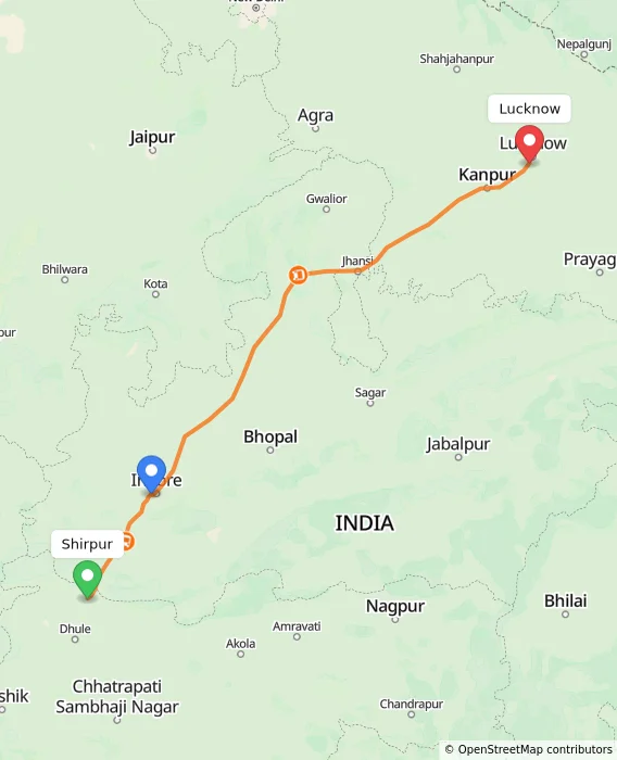 Route map showing distance and travel time from Shirpur, India to Lucknow, India