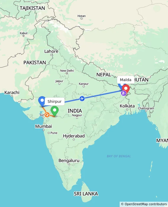 Route map showing distance and travel time from Shirpur, India to Malda, India