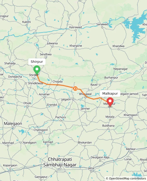 Route map showing distance and travel time from Shirpur, India to Malkapur, India