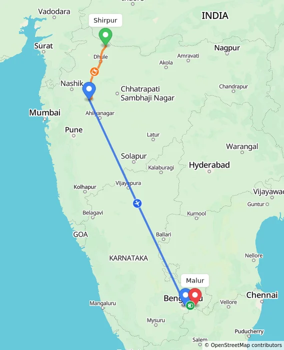 Route map showing distance and travel time from Shirpur, India to Malur, India