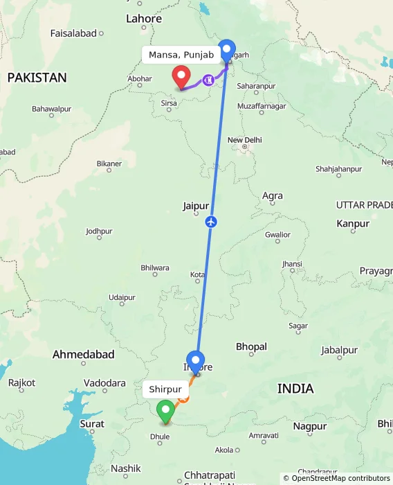 Route map showing distance and travel time from Shirpur, India to Mansa, Punjab, India
