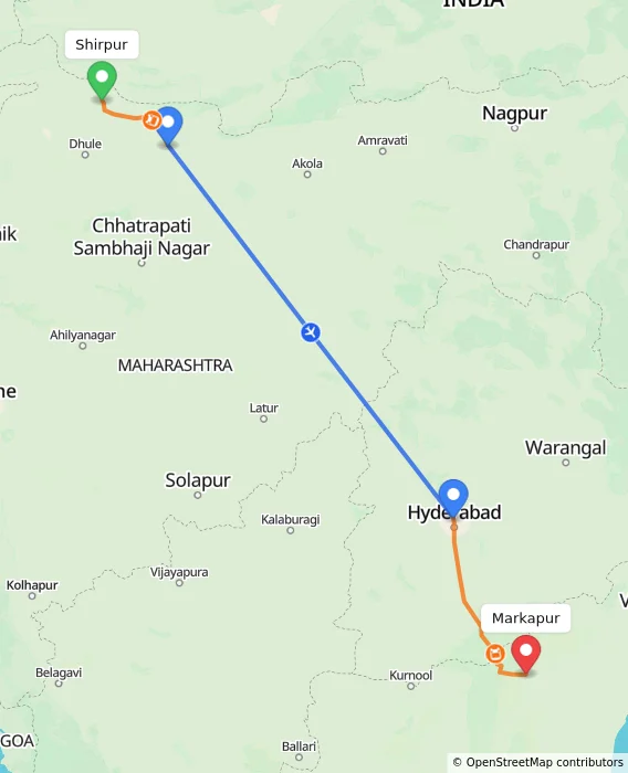 Route map showing distance and travel time from Shirpur, India to Markapur, India