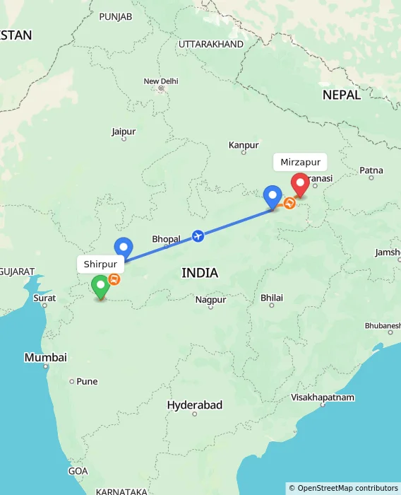 Route map showing distance and travel time from Shirpur, India to Mirzapur, India