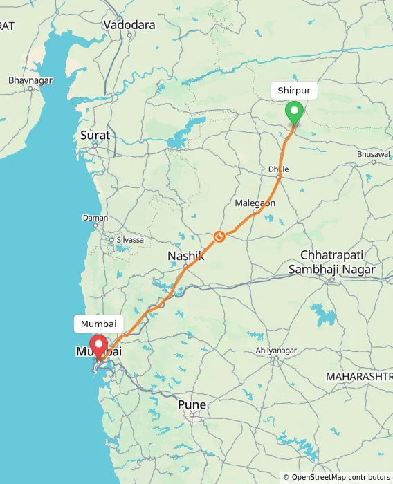 Route map showing distance and travel time from Shirpur, India to Mumbai, India