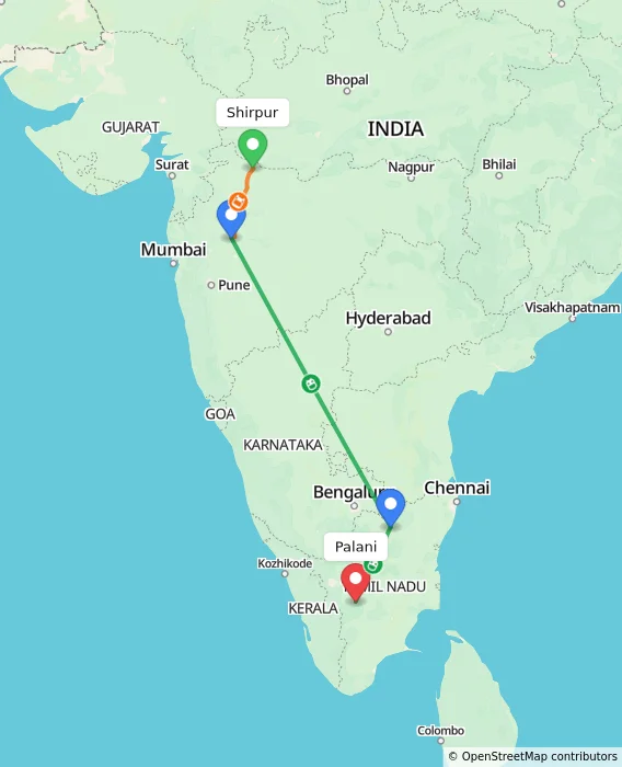 Route map showing distance and travel time from Shirpur, India to Palani, India