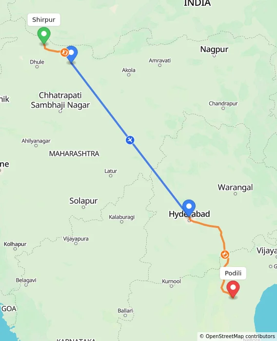 Route map showing distance and travel time from Shirpur, India to Podili, India