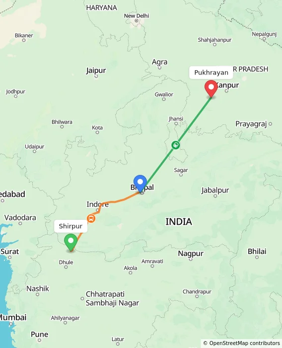 Route map showing distance and travel time from Shirpur, India to Pukhrayan, India