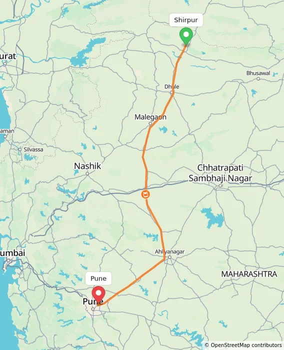 Route map showing distance and travel time from Shirpur, India to Pune, India