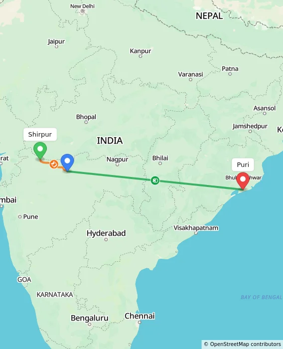 Route map showing distance and travel time from Shirpur, India to Puri, India
