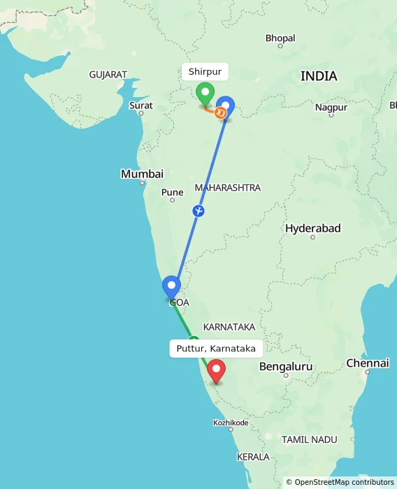 Route map showing distance and travel time from Shirpur, India to Puttur, Karnataka, India