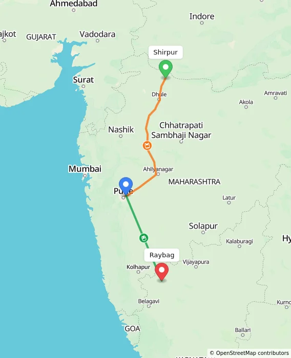 Route map showing distance and travel time from Shirpur, India to Raybag, India