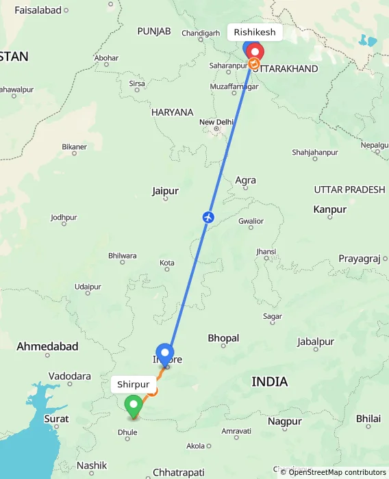 Route map showing distance and travel time from Shirpur, India to Rishikesh, India