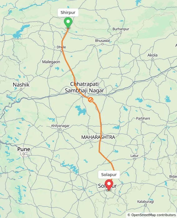 Route map showing distance and travel time from Shirpur, India to Solapur, India