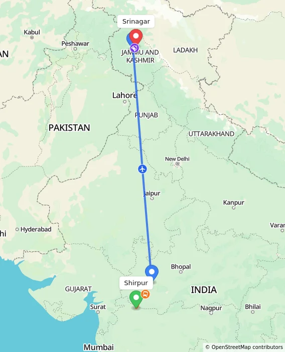 Route map showing distance and travel time from Shirpur, India to Srinagar, India