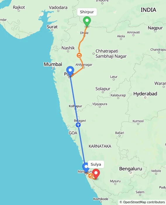 Route map showing distance and travel time from Shirpur, India to Sulya, India