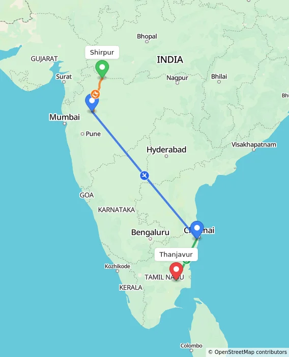 Route map showing distance and travel time from Shirpur, India to Thanjavur, India