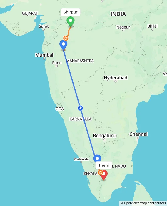 Route map showing distance and travel time from Shirpur, India to Theni, India