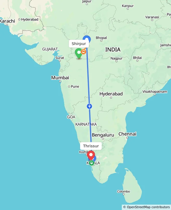 Route map showing distance and travel time from Shirpur, India to Thrissur, India