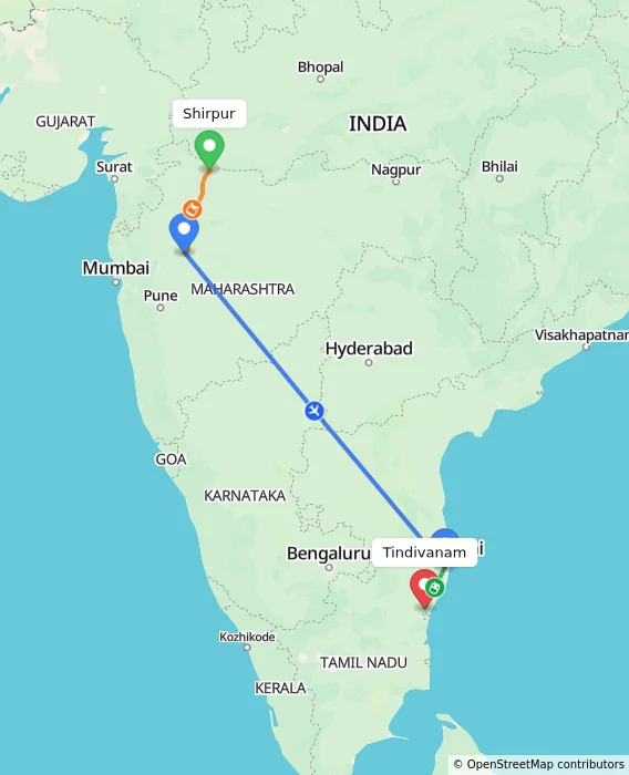 Route map showing distance and travel time from Shirpur, India to Tindivanam, India