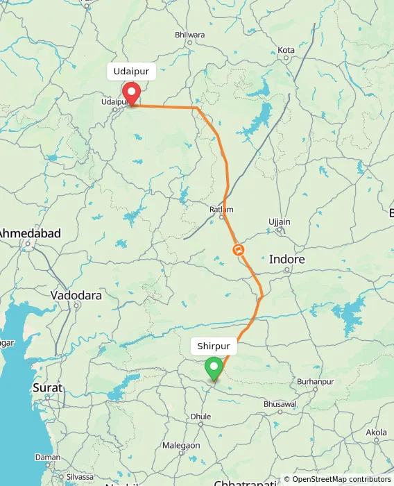 Route map showing distance and travel time from Shirpur, India to Udaipur, India