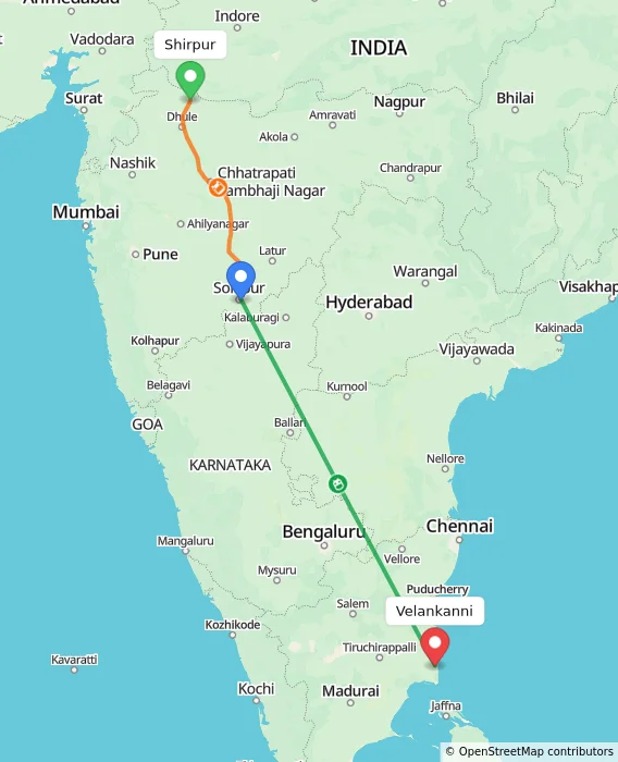 Route map showing distance and travel time from Shirpur, India to Velankanni, India