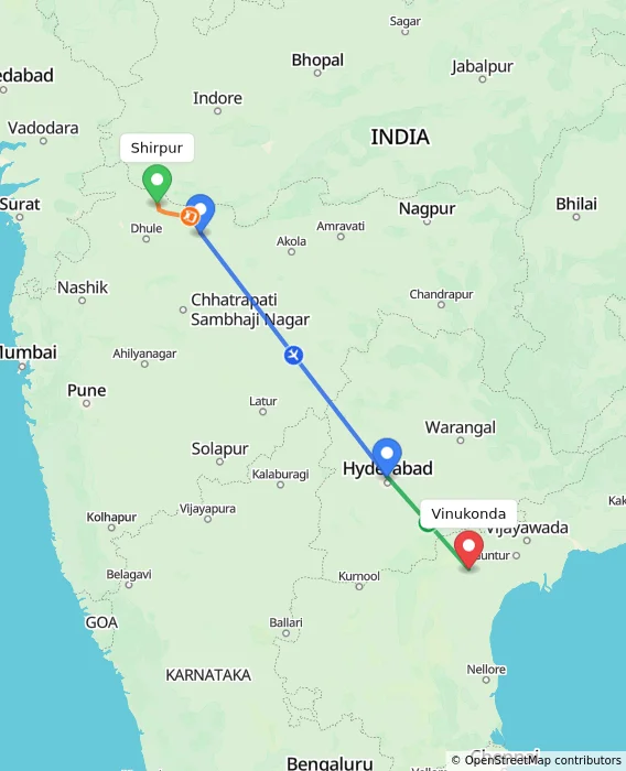 Route map showing distance and travel time from Shirpur, India to Vinukonda, India