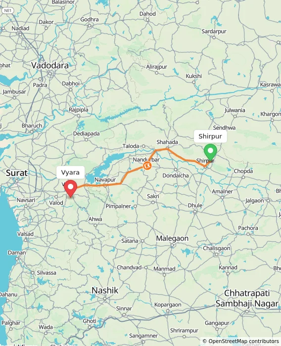 Route map showing distance and travel time from Shirpur, India to Vyara, India
