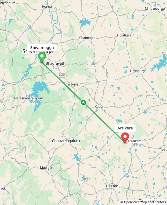 Route map showing distance and travel time from Shivamogga, India to Arsikere, India