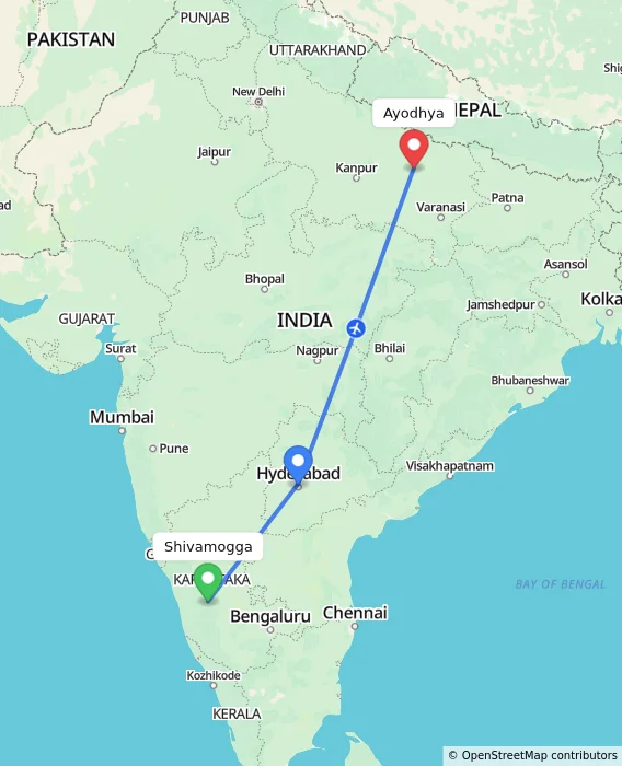Route map showing distance and travel time from Shivamogga, India to Ayodhya, India
