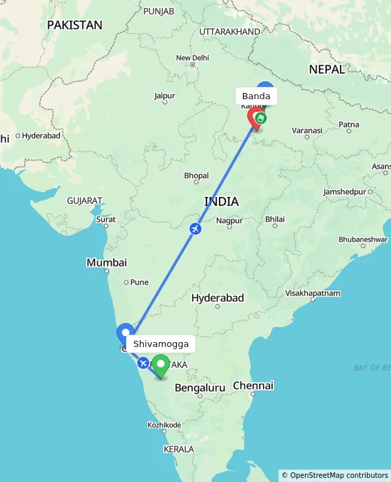 Route map showing distance and travel time from Shivamogga, India to Banda, India