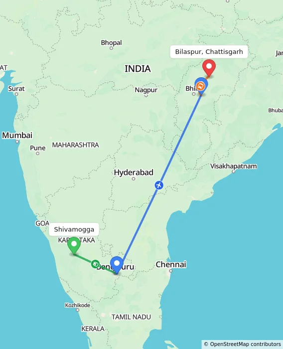 Route map showing distance and travel time from Shivamogga, India to Bilaspur, Chattisgarh, India