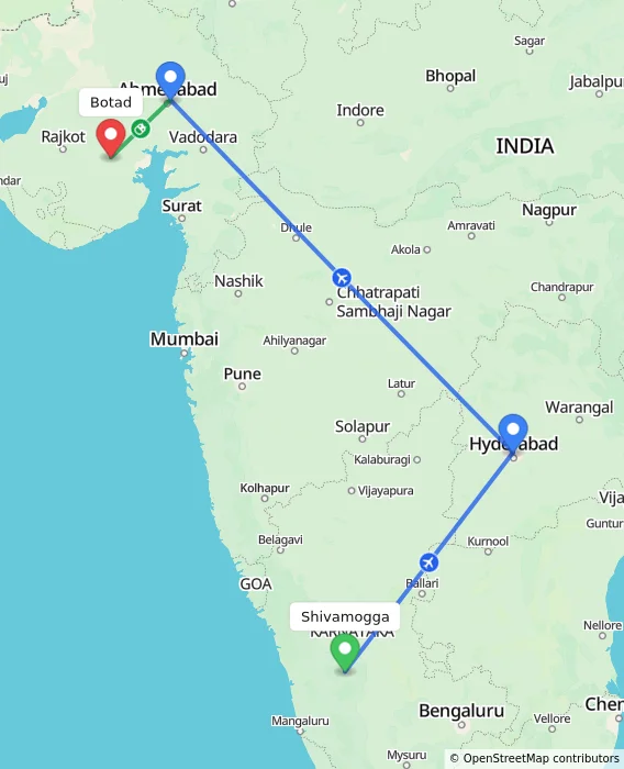 Route map showing distance and travel time from Shivamogga, India to Botad, India