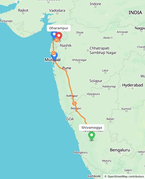 Route map showing distance and travel time from Shivamogga, India to Dharampur, India
