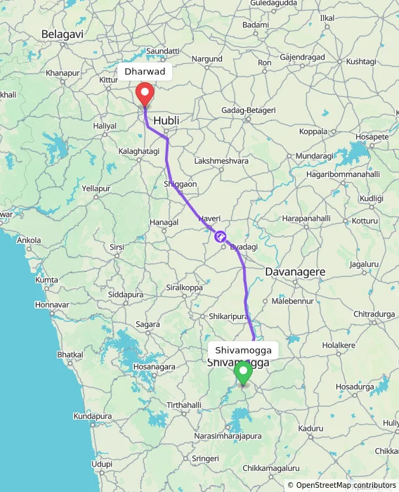 Route map showing distance and travel time from Shivamogga, India to Dharwad, India