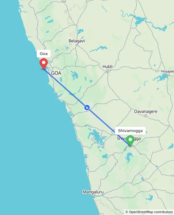 Route map showing distance and travel time from Shivamogga, India to Goa, India