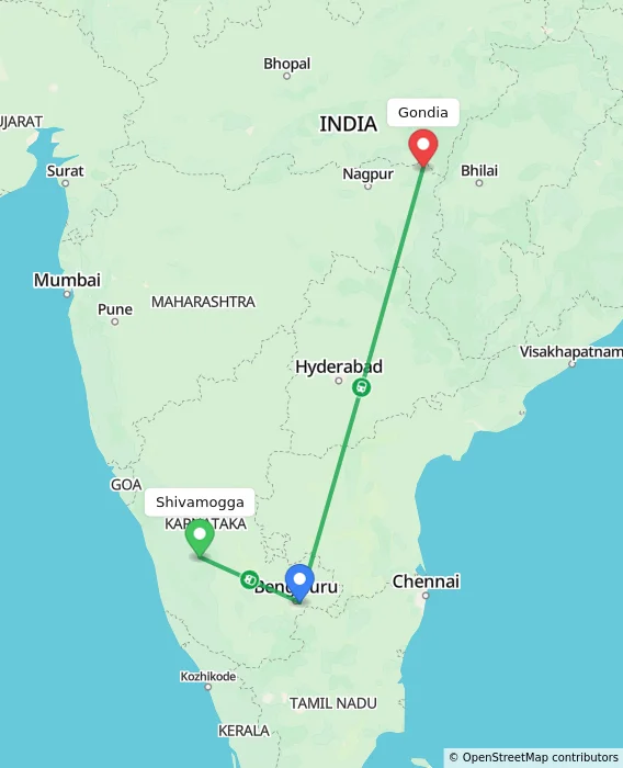 Route map showing distance and travel time from Shivamogga, India to Gondia, India