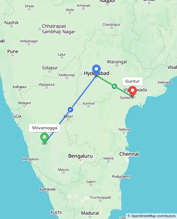 Route map showing distance and travel time from Shivamogga, India to Guntur, India