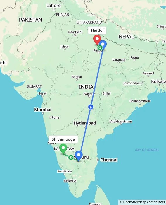 Route map showing distance and travel time from Shivamogga, India to Hardoi, India