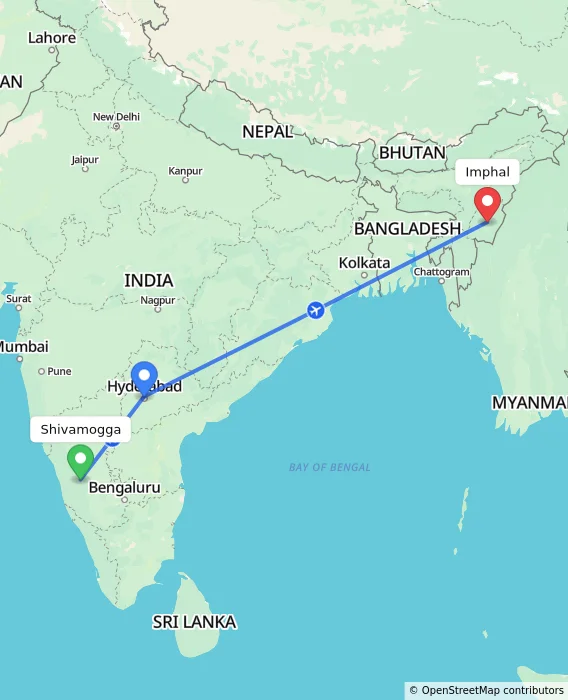 Route map showing distance and travel time from Shivamogga, India to Imphal, India