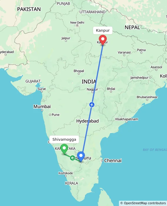 Route map showing distance and travel time from Shivamogga, India to Kanpur, India