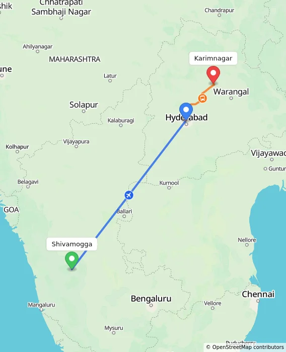 Route map showing distance and travel time from Shivamogga, India to Karimnagar, India