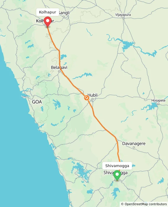 Route map showing distance and travel time from Shivamogga, India to Kolhapur, India