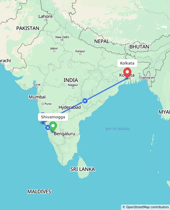 Route map showing distance and travel time from Shivamogga, India to Kolkata, India