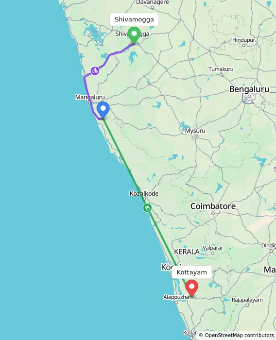 Route map showing distance and travel time from Shivamogga, India to Kottayam, India