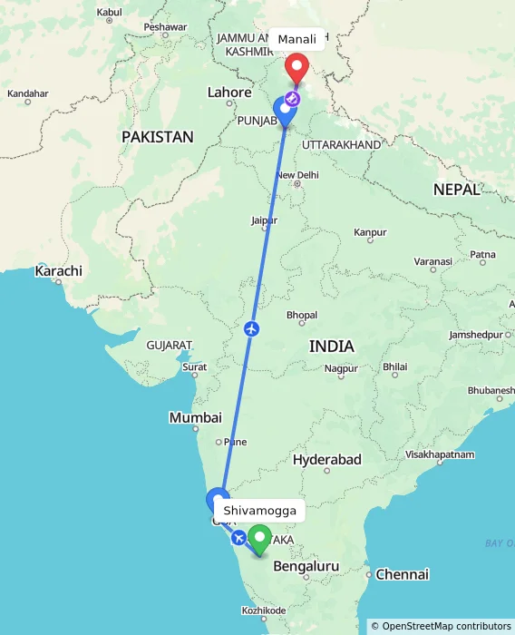 Route map showing distance and travel time from Shivamogga, India to Manali, India