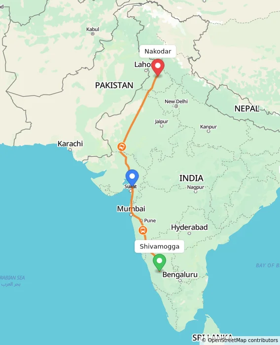Route map showing distance and travel time from Shivamogga, India to Nakodar, India