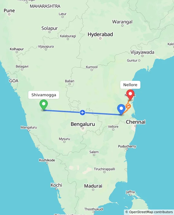 Route map showing distance and travel time from Shivamogga, India to Nellore, India