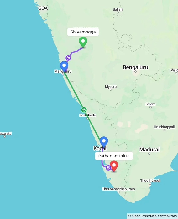 Route map showing distance and travel time from Shivamogga, India to Pathanamthitta, India
