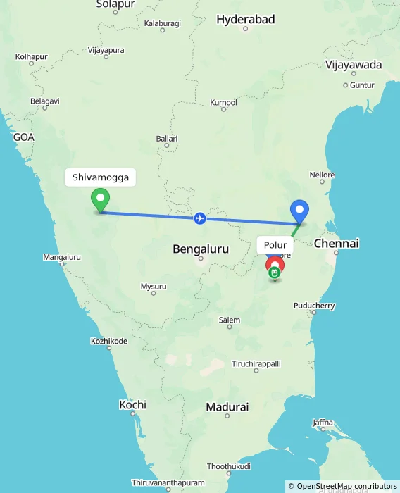 Route map showing distance and travel time from Shivamogga, India to Polur, India